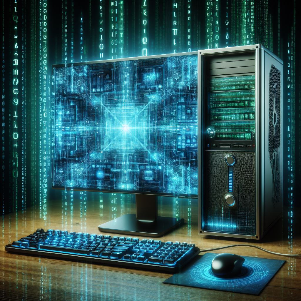 imagen que muestra un ordenador con fondo con el código típico de la película de matrix