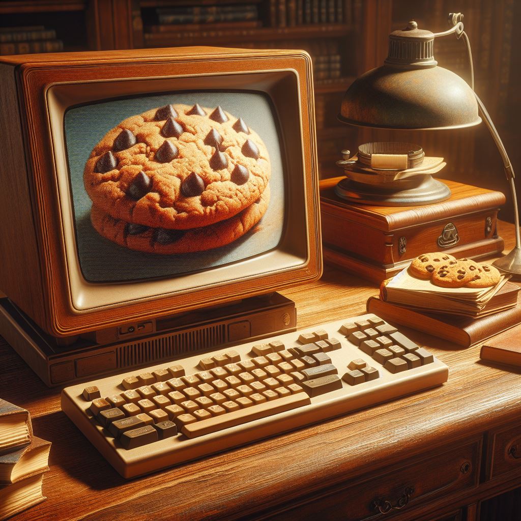 imagen de un ordenador muy antiguo, ficticio, con una cookie en la pantalla