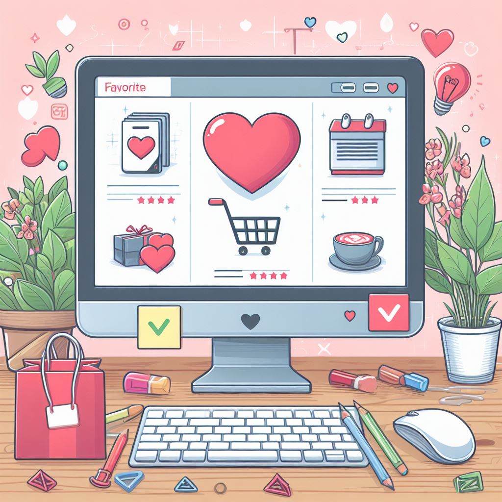 se muestra una imagen generada por ia, con un monitor donde se aprecia una tienda online con un carrito y el corazon de productos favoritos