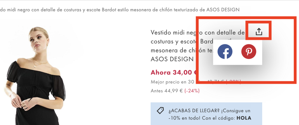 imagen de un pantallazo a asos.com donde se ven los botones de compartir el producto a través de redes sociales: pinterest y facebook