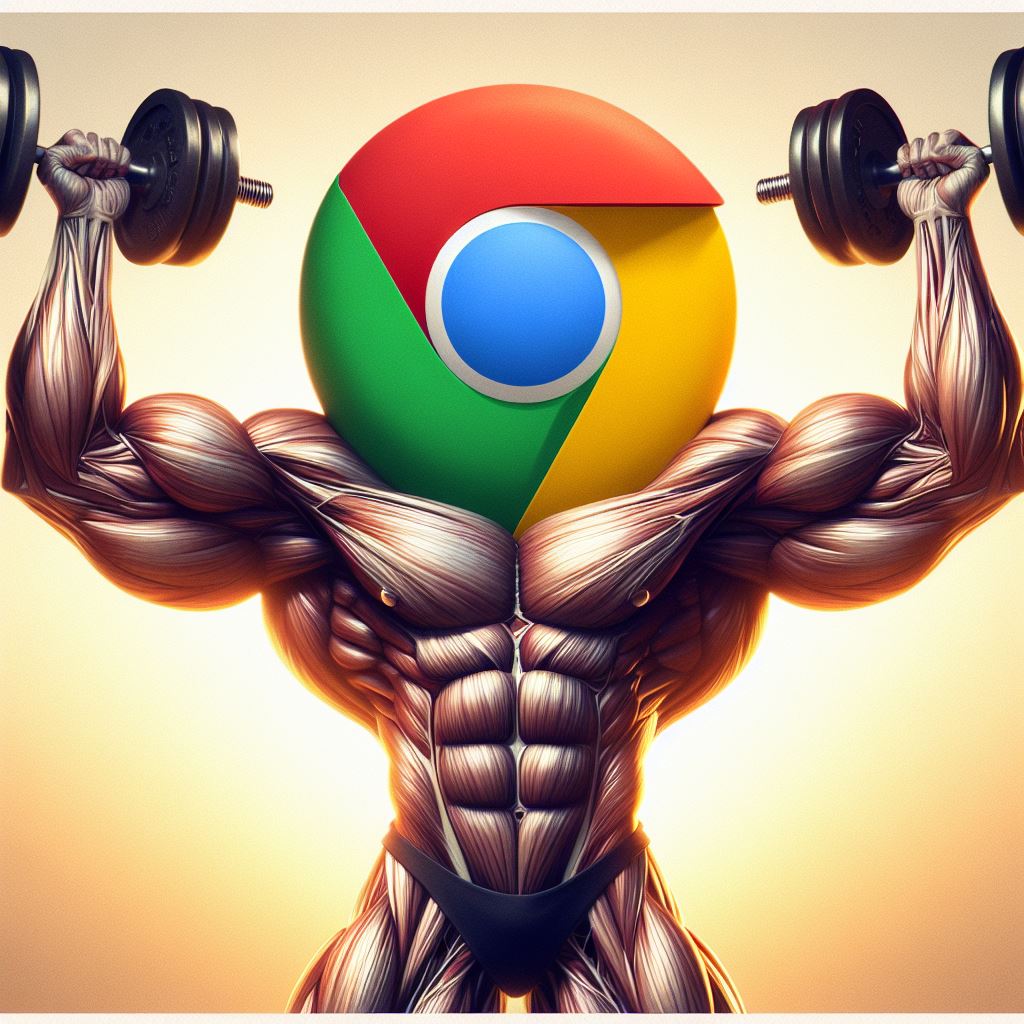imagen de un cuerpo musculoso con la cabeza con el logo de google chrome y unas mancuernas en cada mano