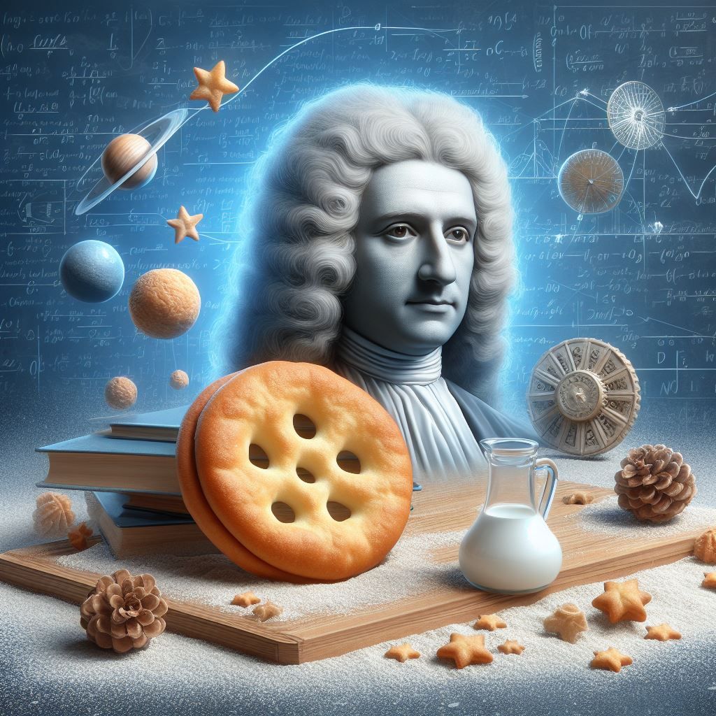 imagen del rostro de isaac newton con un fondo con planetas y fórmulas físicas y unas galletas, para referirse al artículo sobre cookie de terceros