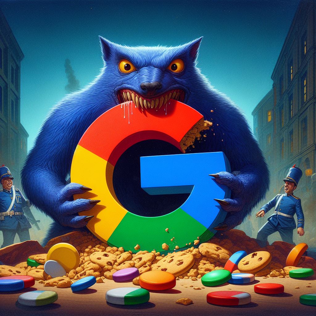 imagen de un monstruo comiendose un logo de google con forma de galleta y personas alrededor asustadas